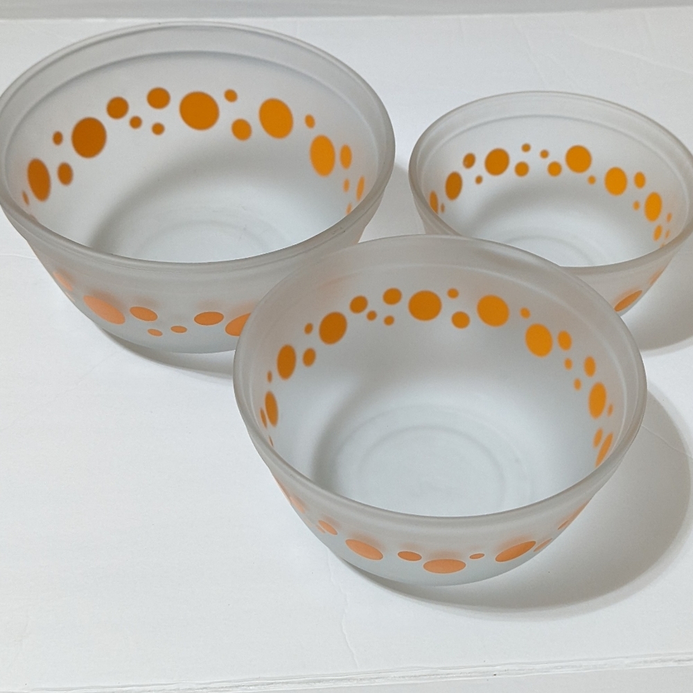Vintage Anchor Hocking Orange Polka Dot Frosted Glass Mixing Bowls 3 Nesting HTF